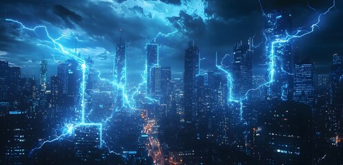 Fototapeta premium Glowing Blue Electric Currents Lighting Up Futuristic Cityscape at Night