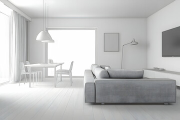 Fototapeta premium Bedding Set Image - A minimalist living room with a sofa, dining table, and large windows for natural light.