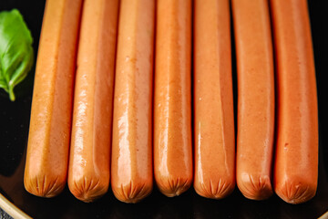 sausages meat pork, beef, chicken dish Fresh delicious gourmet food background on the table rustic food top view copy space