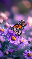 Monarch Butterfly Graces Purple Aster Flowers, Gathering Nature's Nectar