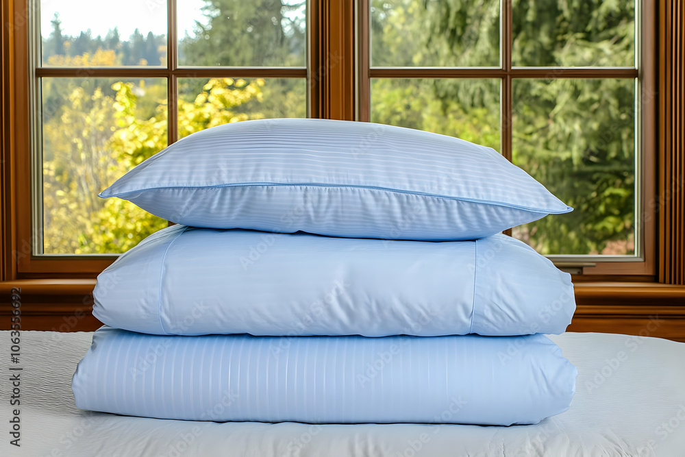 Poster bedding set image - a stack of light blue bedding pillows and a comforter near a window with greener