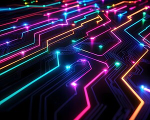 Obraz premium Vibrant Neon Circuit Board Glowing with Electric Currents in Futuristic Tech Backdrop