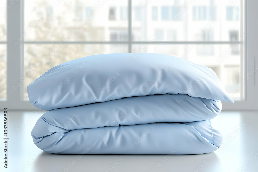 Poster Bedding Set Image - A stack of soft blue pillows on a table with a bright window view in the background.
