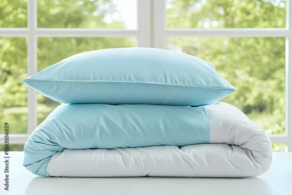 Poster bedding set image - a soft blue pillow rests atop a neatly folded comforter, set against a bright wi
