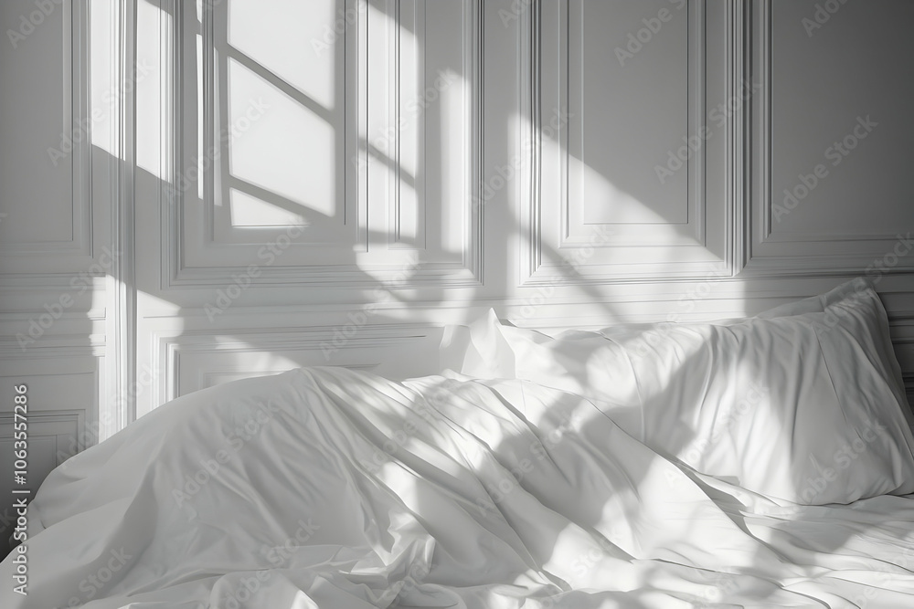 Poster bedding set image - a serene bedroom scene with soft white bedding and delicate shadows from a windo