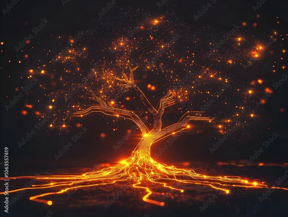 Poster glowing circuit tree symbolizing fusion of nature and technology