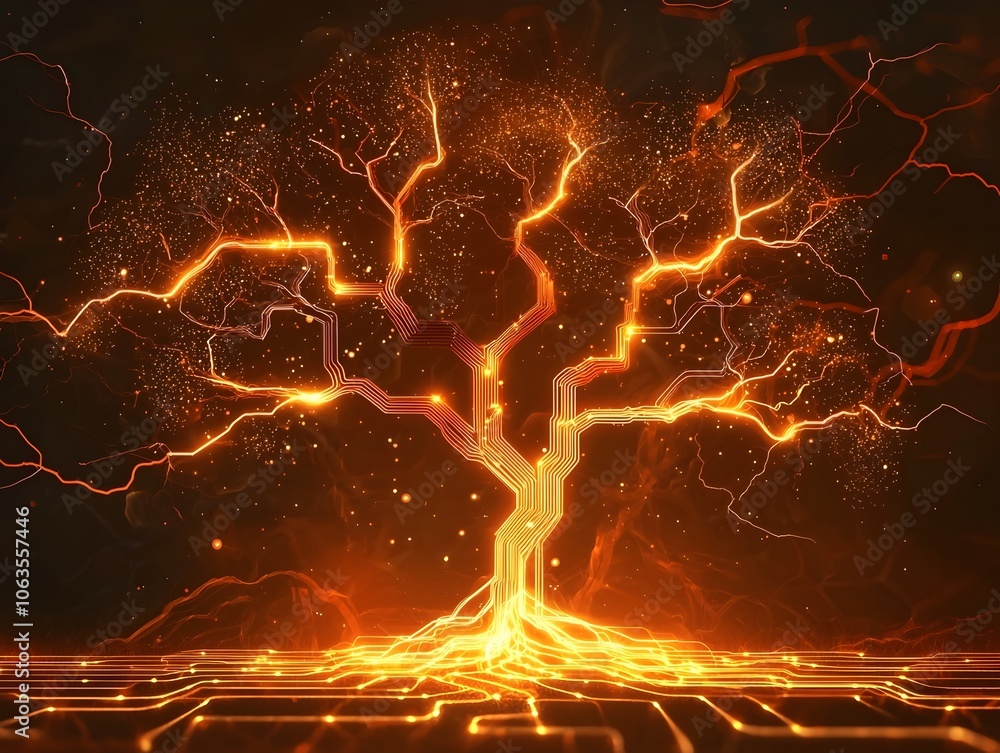 Poster glowing circuit tree with flowing electric currents symbolizing nature and technology fusion