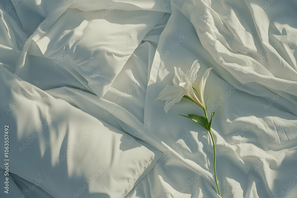 Poster bedding set image - a serene arrangement of white linens with a single lily, evoking tranquility and
