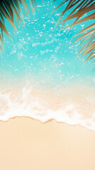 Sunny Beach Scene with Palm Leaves, Blue Sea, and Soft Light Bokeh Background