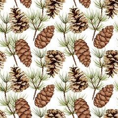 Christmas spruce and pine branch with cones Watercolor seamless pattern on white. Hand drawn illustration for New Year and winter holidays designs in realistic style.