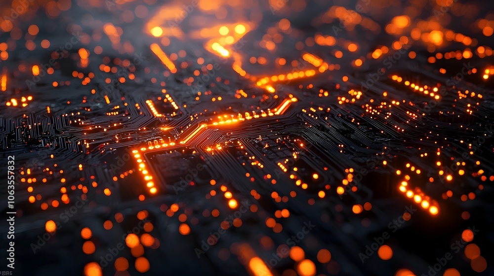 Poster glowing microchip circuitry symbolizing the heartbeat of advanced technology
