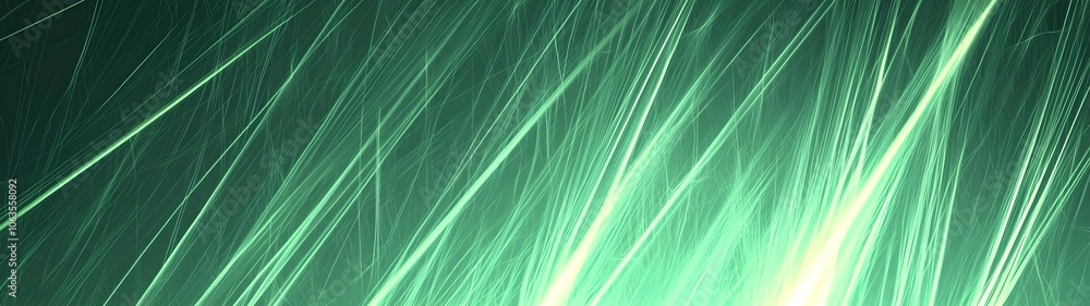 Poster a striking abstract background featuring dynamic light streaks in vibrant green hues, creating a sen