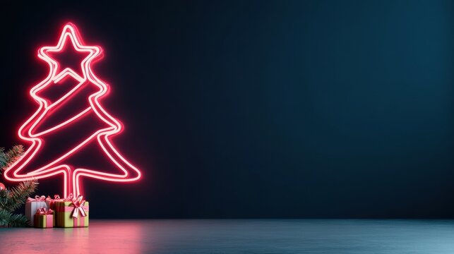 Neon Christmas tree with gifts on a dark background creates a festive atmosphere, AI