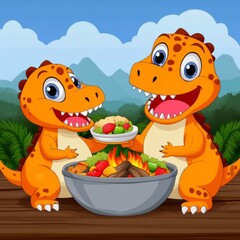 Obraz premium Two friendly dinosaurs enjoying a meal outdoors in a vibrant landscape.