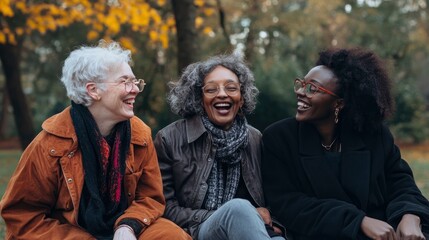 Group of people with different ages, ethnicities, and body types laughing together in an urban park