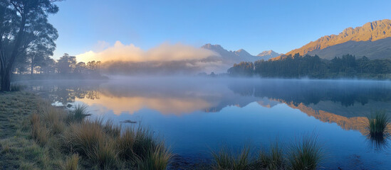 Obraz premium Misty Lake at Dawn with Fog Just Above the Water