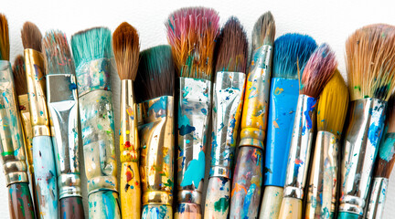 Fototapeta premium Brightly colored stained paint brushes, lined with bristles facing up. Perfect for art and creative subjects.