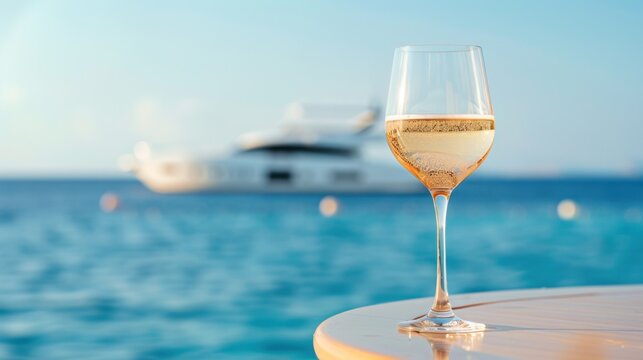 Elegant wine glass overlooking a luxury yacht at sea