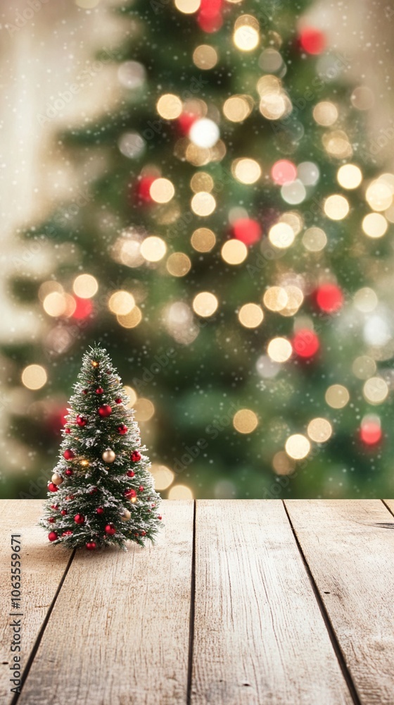 Poster festive miniature christmas tree on rustic wooden table, with blurred lights of larger tree creating