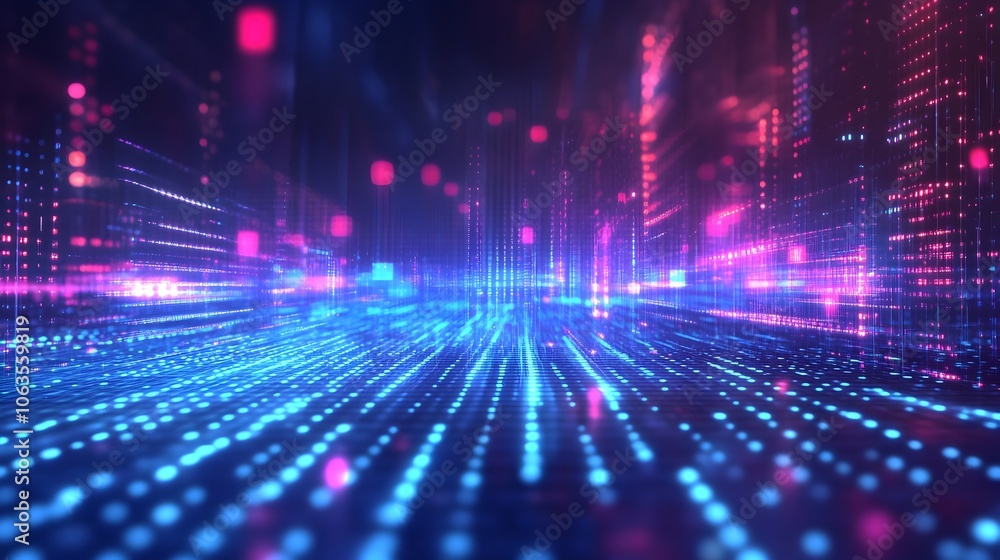 Poster futuristic expanding digital wave pattern with vibrant gradient lights
