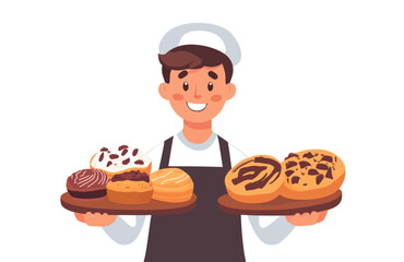 Man is holding a tray of donuts. There are a total of six donuts on the tray. Flat vector illustration isolated.