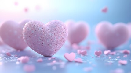 Obraz premium Playful 3D cartoon hearts with cupid arrows and pink confetti on a bright gradient background