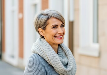 Woman smiling and wearing a knitted scarf