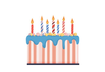 Cake with candles on it. There are six candles on the cake. Flat vector illustration isolated.
