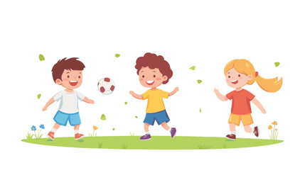 Three children playing soccer. One boy is holding a soccer ball. Flat vector illustration isolated.