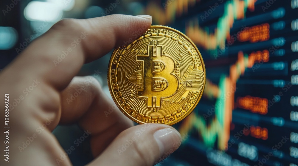 Poster A person is holding a gold Bitcoin in one hand while observing a colorful digital trading chart displaying price movements and trends.