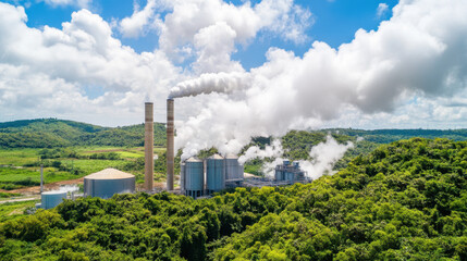 Obraz premium A power plant surrounded by lush greenery, emitting steam and smoke into the sky under a blue, partly cloudy atmosphere.