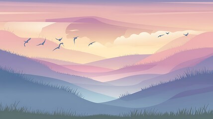 Obraz premium A Silhouette of Birds Flying Over a Rolling Hill Landscape at Sunset
