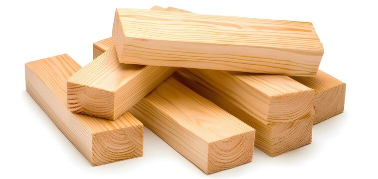 a pile of rectangular wooden beams, light-colored pine wood, carpentry concept, isolated on white background