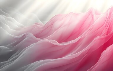 Obraz premium A serene landscape of soft, flowing fabric waves in shades of white and pink, creating a calming and ethereal atmosphere. Light beams gently illuminate the scene.