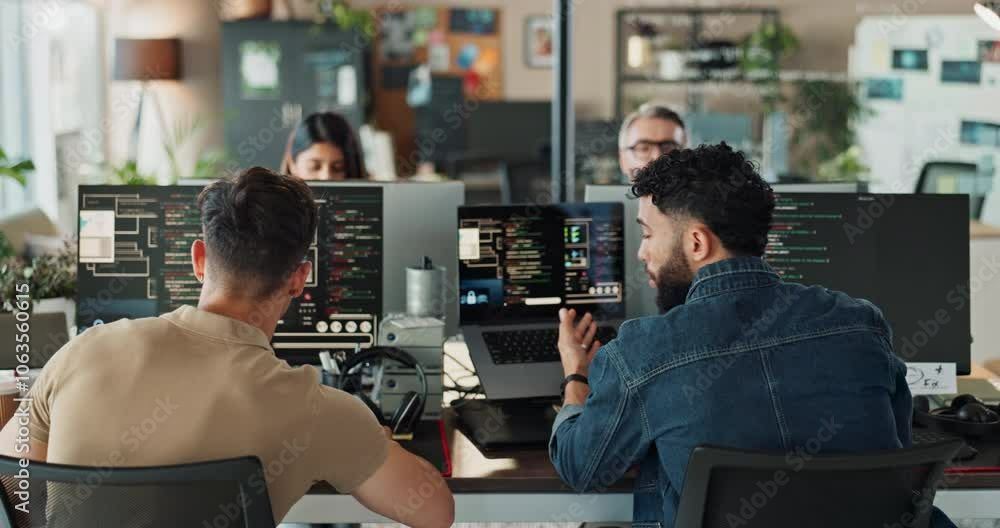 Aufkleber Office, man and training on computer for coding with teamwork and collaboration as software engineer. Support, employees and people with learning for programming, innovation for system update