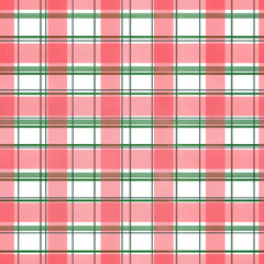 Traditional red green Christmas gingham ornate seamless checkered pattern. Plaid tartan texture watercolor illustration. Hand painted brush stroke striped. For holiday textiles
