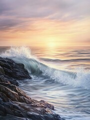 Obraz premium Gentle ocean waves crashing on a rocky shore at sunset, soft pastel tones and long exposure effect