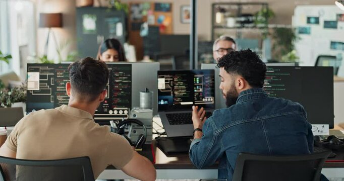 Office, man and training on computer for coding with teamwork and collaboration as software engineer. Support, employees and people with learning for programming, innovation for system update