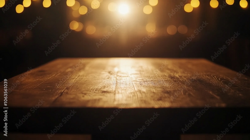 Poster rustic wooden table illuminated by warm string lights, creating a cozy ambiance. perfect backdrop fo