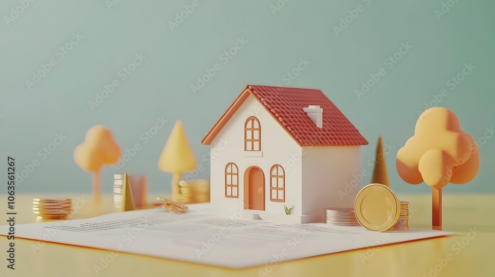 Poster miniature house model with approved mortgage document and symbolic keys on nature-inspired table