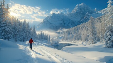 A skier traverses a snowy landscape with mountains and trees.