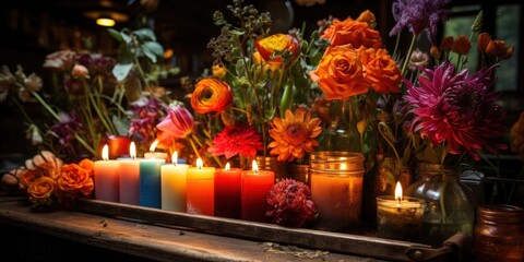 A rustic table centerpiece with an array of colorful blooms, flickering candlelight, and delicate glass jars