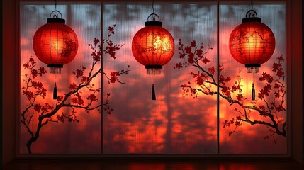 Fototapeta premium Layered papercut lucky red envelopes, traditional lanterns, and plum blossoms with soft shadows