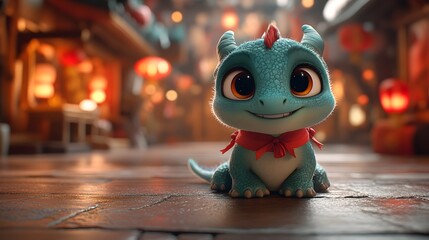 3D cartoon-style dragon with red banners, firecrackers, and glowing lanterns on a warm background