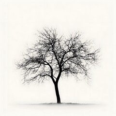A lone, bare-branched tree stands against a white, hazy sky.
