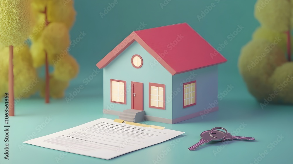 Aufkleber 3d render of home model and keys on property loan application with interest details