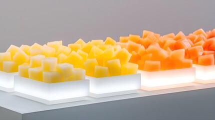 Assorted diced fruits on serving trays, illuminated with dynamic warm and cool lighting, showcasing vibrant colors for food display and service scenes