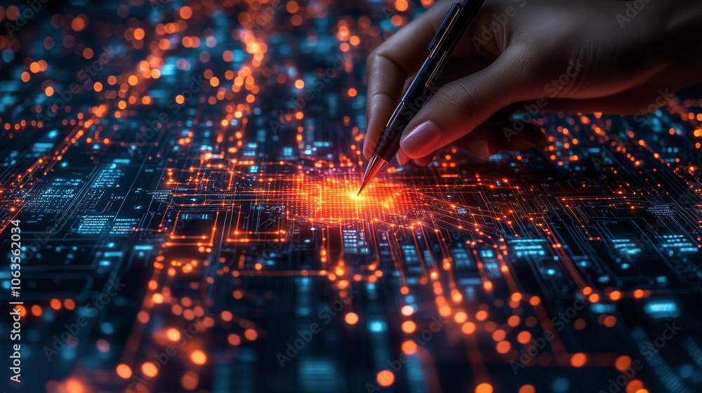 Poster designing the future: a hand delicately traces a circuit board, igniting a spark of innovation and t