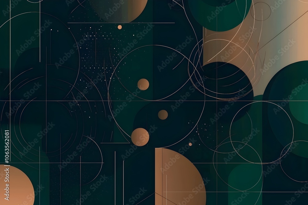 Poster a modern abstract composition featuring geometric shapes in deep green and gold tones, evoking a sen