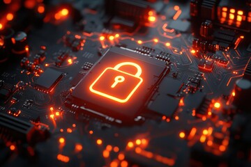 Obraz premium Digital Fortress Ignited: Where Cybersecurity Meets Quantum Protection, Creating a Symphony of Data Defense Through Neon-Lit Circuits and Technology's Most Critical Guardian